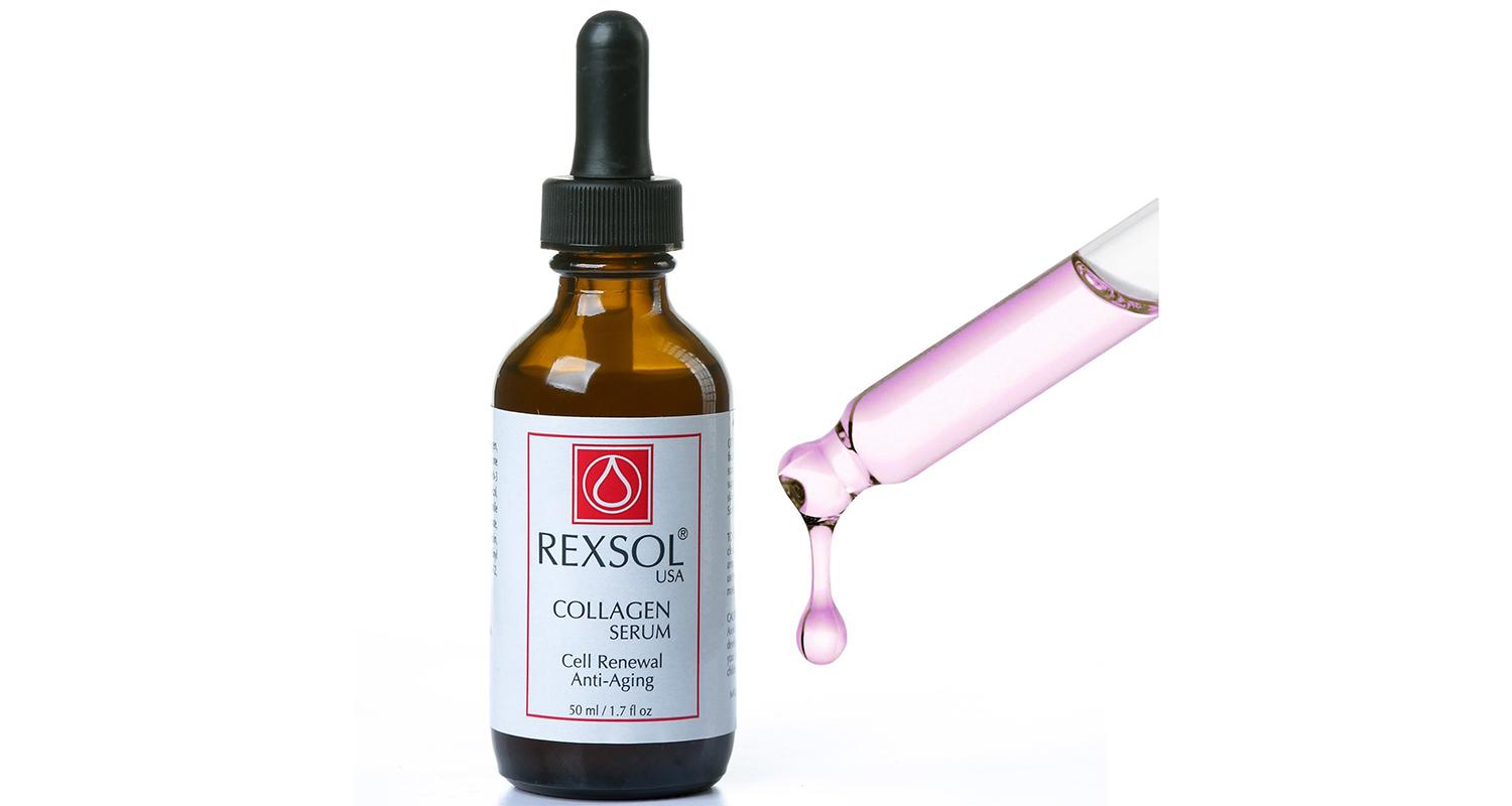 Complete Rexsol Collagen Serum bottle beside a serum-filled glass dropper