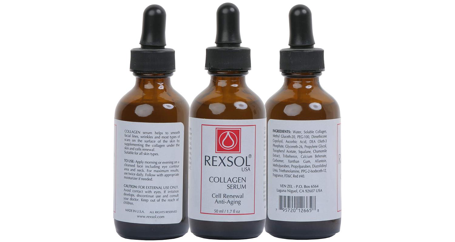 Three views of Rexsol Collagen Serum bottle